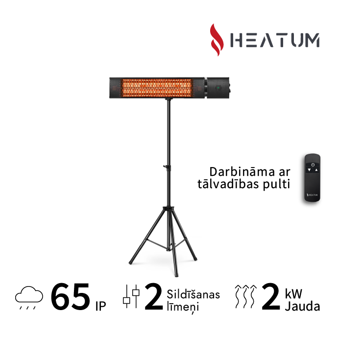 Pastāvīgi novietojamais infrasarkano staru sildītājs Heatum H2000R URBAN Black ar trijkāju statīvu