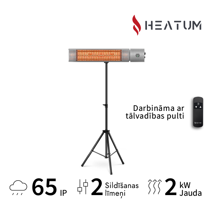 Pastāvīgi novietojamais infrasarkano staru sildītājs Heatum H2000R URBAN SILVER ar trijkāju statīvu