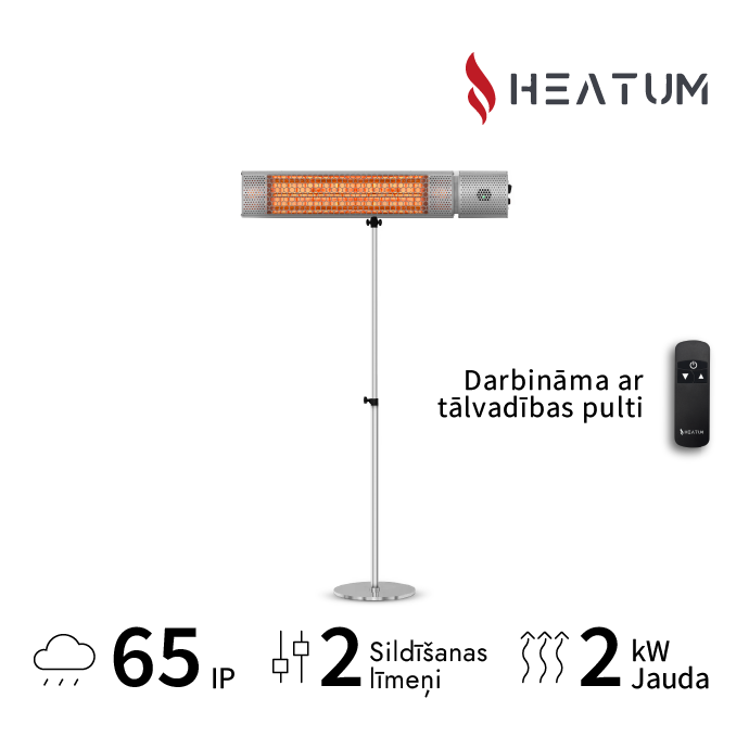 Pastāvīgi novietojamais infrasarkano staru sildītājs Heatum H2000R URBAN SILVER ar statīvu uz vienas kājas