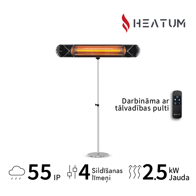 Pastāvīgi novietojamais infrasarkano staru sildītājs Heatum H2500R CORE BLACK ar statīvu uz vienas kājas