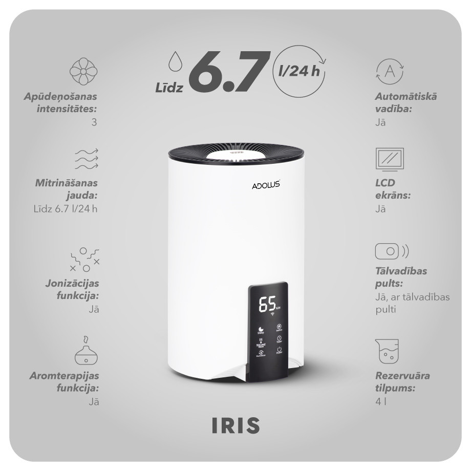 Ultraskaņas gaisa mitrinātājs Adolus IRIS 25W, 4l