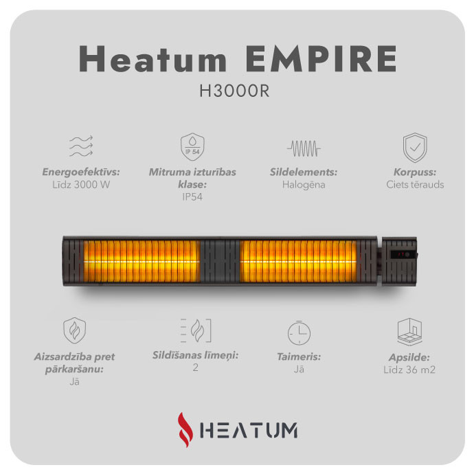 Pastāvīgi novietojamais infrasarkano staru sildītājs Heatum H3000R EMPIRE ar statīvu uz vienas kājas