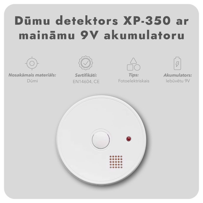 Dūmu detektors XP-350 ar maināmu 9V akumulatoru