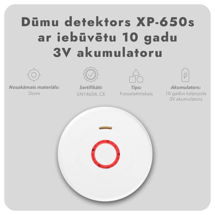 Dūmu detektors XP-650s ar iebūvētu 10 gadu 3V akumulatoru (6 gab.) 2